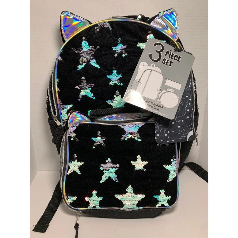 NWT Cat Ears Backpack Set 3pc Magic Sequin Stars Lunch Bag Girls School Tote